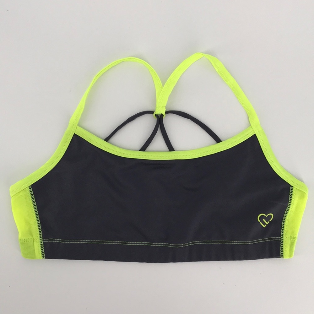 Sports bra neon yellow gray strappy back no pads